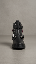 Matte Black Leather Ankle Boot With Silver Hardware