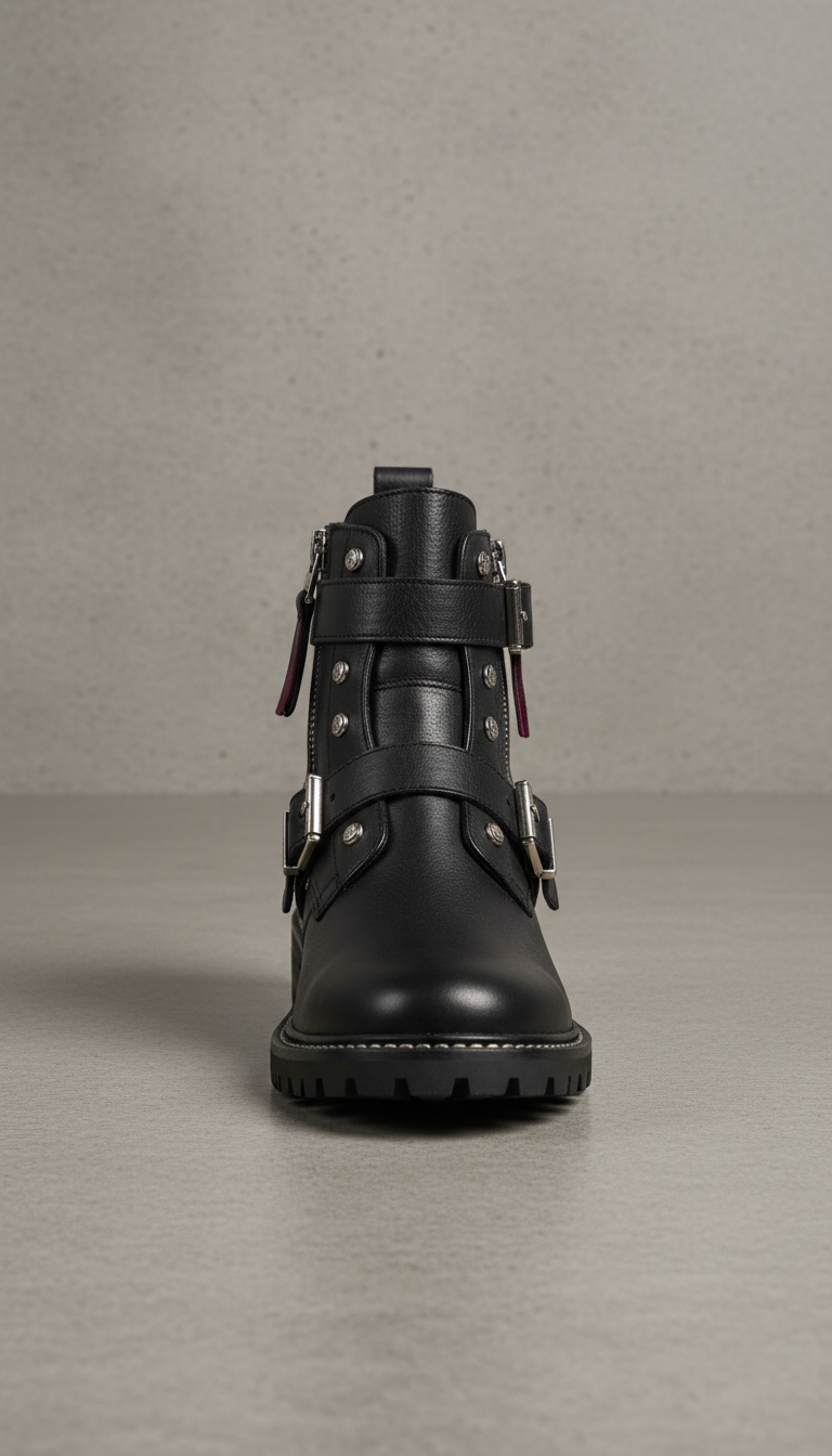 Matte Black Leather Ankle Boot With Silver Hardware